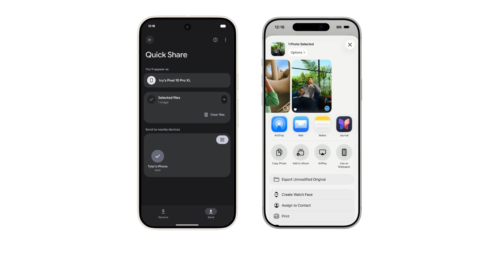 Left- Screenshot of quickshare on the Pixel 10. Right- Screenshot AirDrop on iPhone receiving files from Pixel device