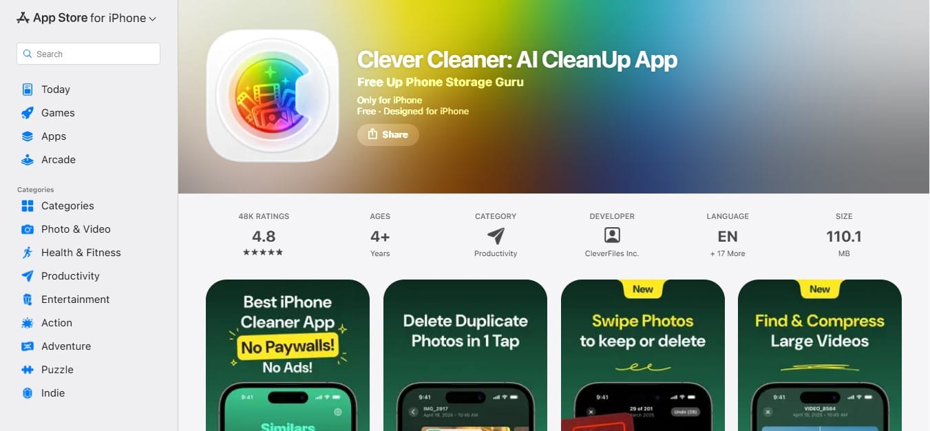 Screenshot of Clever Cleaner for iphone on app store web