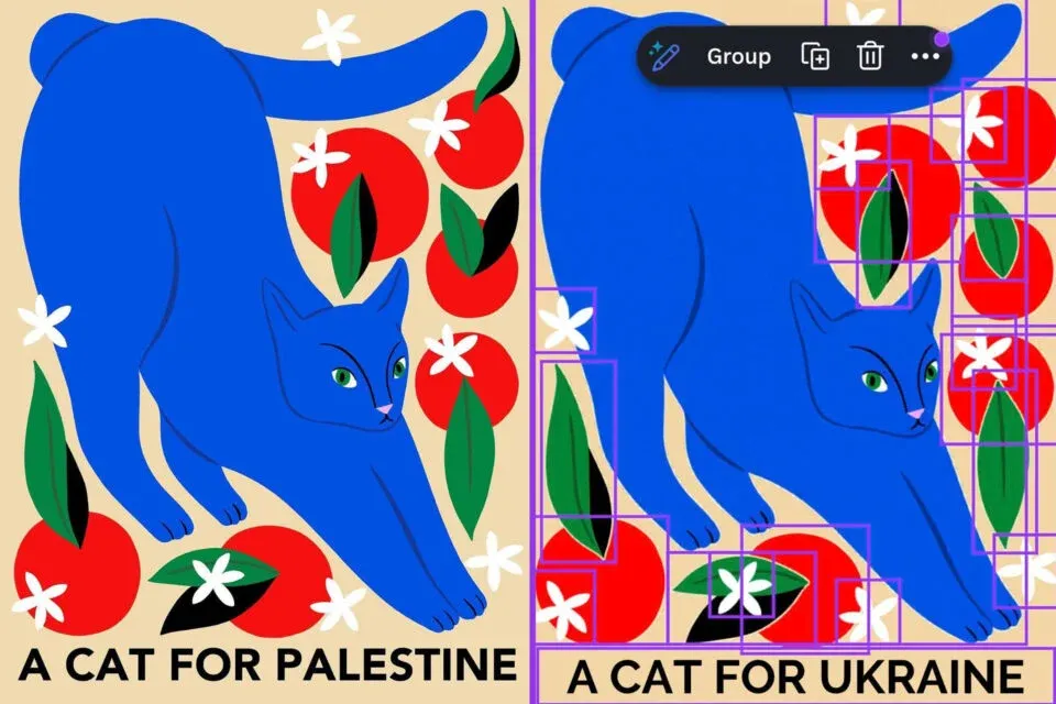 shared by an X user show how their pro-Palestine graphic changed after using Canva’s “magic layers” feature