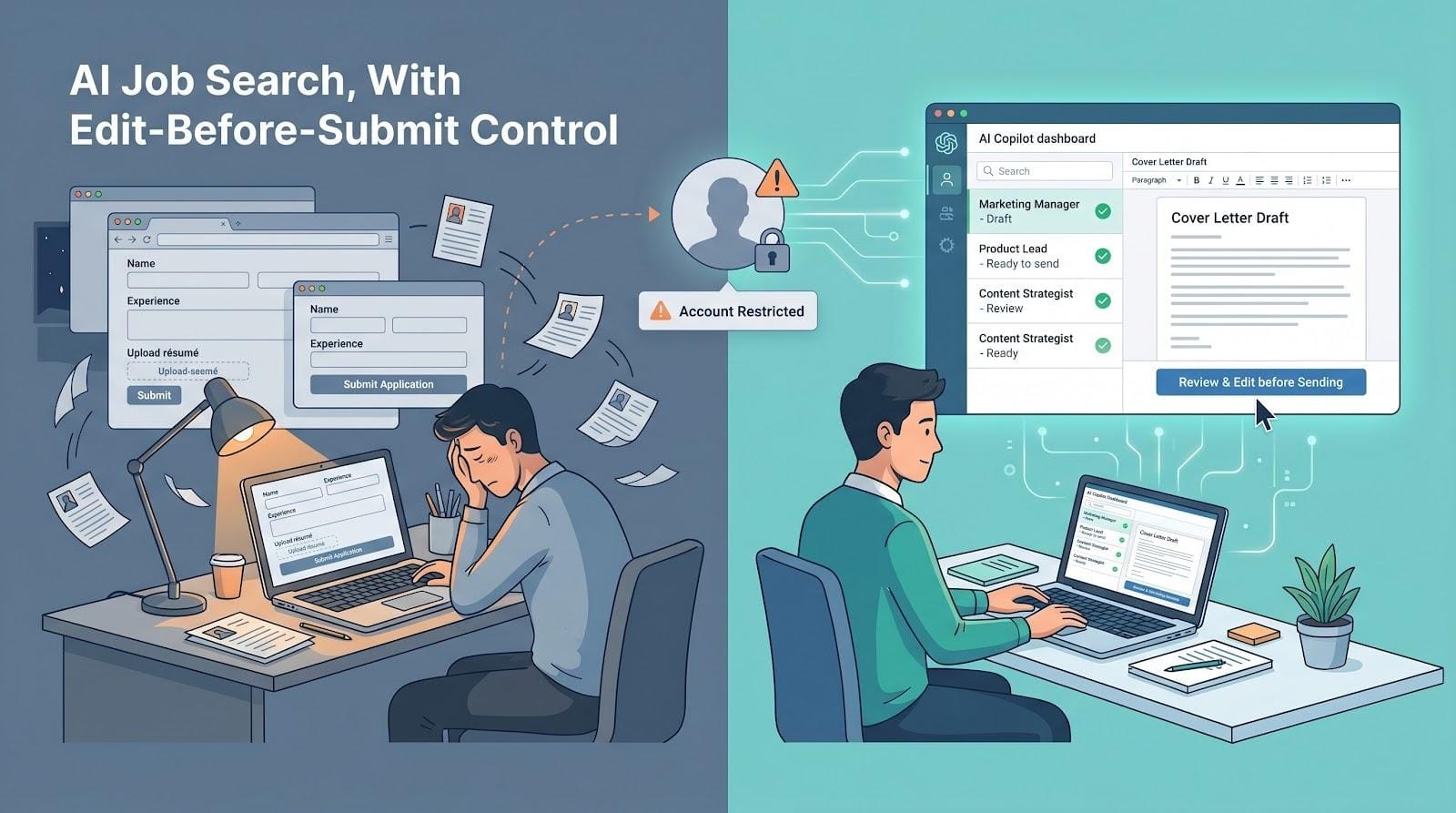 AI job search hero illustration showing manual forms versus controlled AI copilot applications