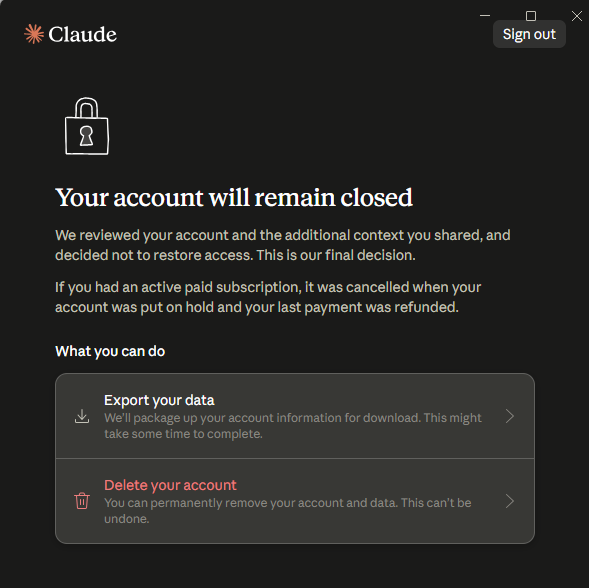 Claude desktop app showing a padlock and the message "Your account will remain closed."