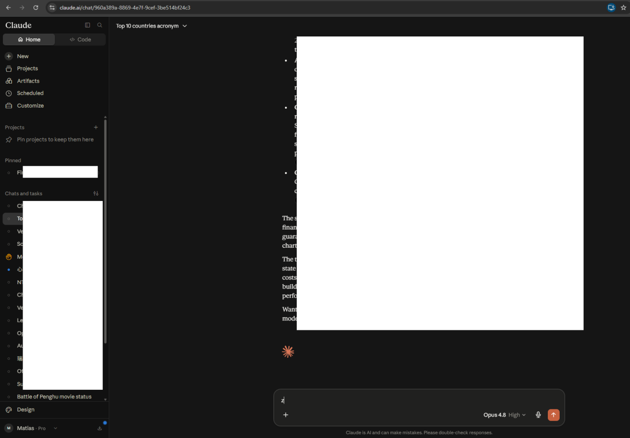 The same Claude account open in a browser, working normally, labelled "Matias · Pro."