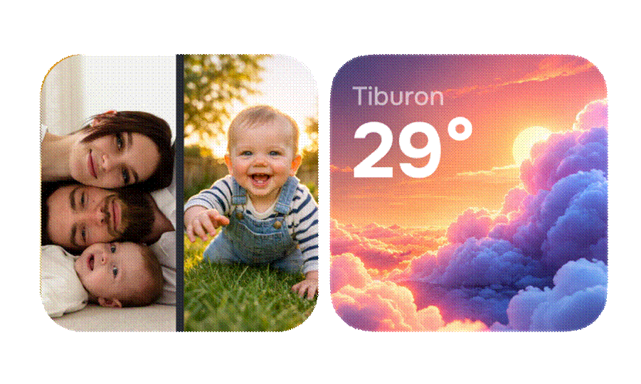 Photo, weather and reminder tiles filling the widget column — the same slots you configure in Settings.