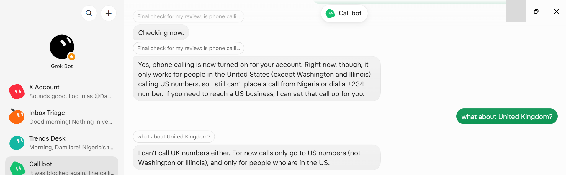 Grok Bot call blocked outside US