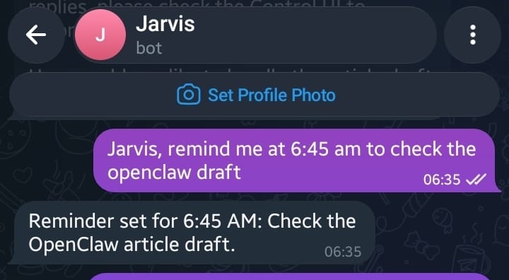 Jarvis replying 'Reminder set for 6:45 AM" on Telegram