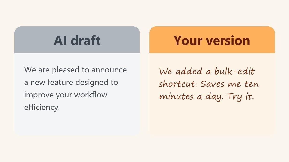 Two versions of the same sentence side by side, a stiff announcement and a short, plain rewrite.