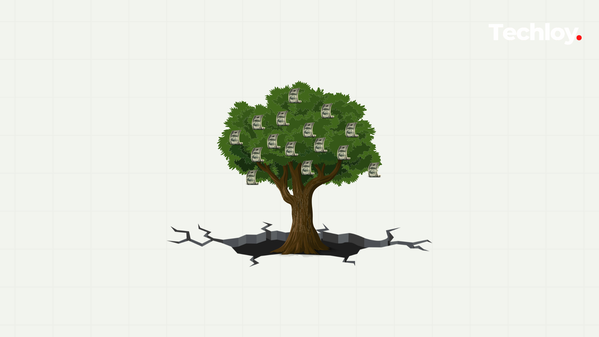 An illustration of OpenAi's growth as a startup with dollars hanging as fruits on a tree.