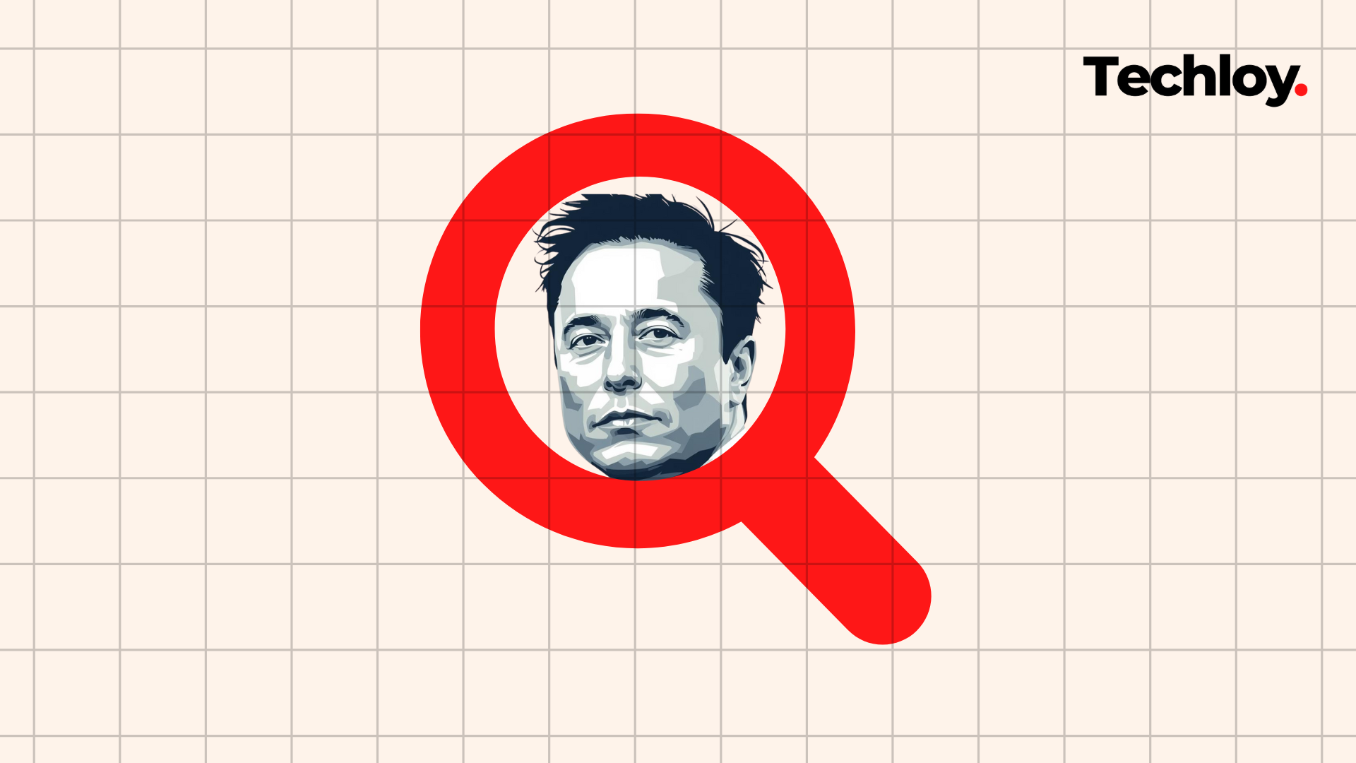 An illustrated portrait of Elon Musk’s face is centered inside a large red magnifying glass icon on a grid background.