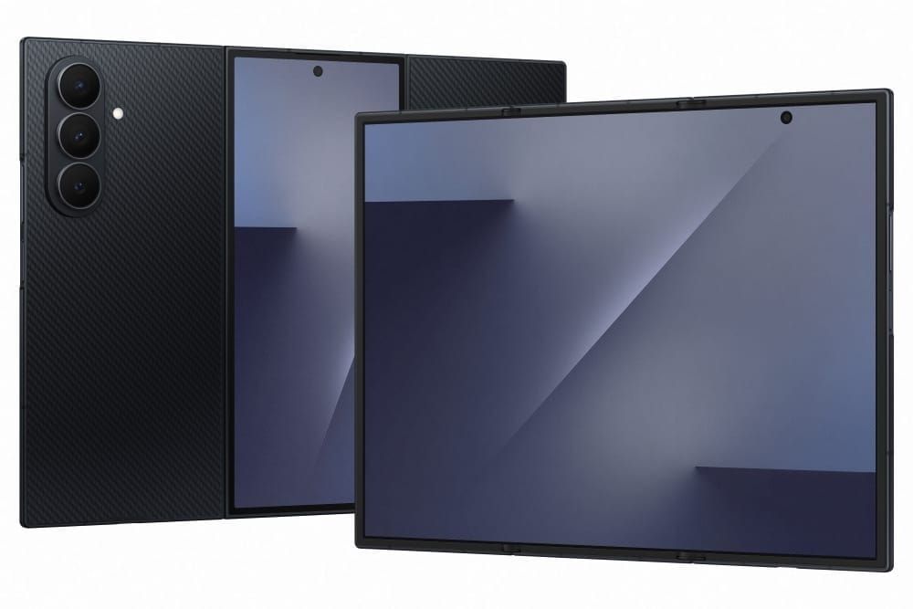 Two images of the Galaxy Z TriFold showing the front and the back of the phone