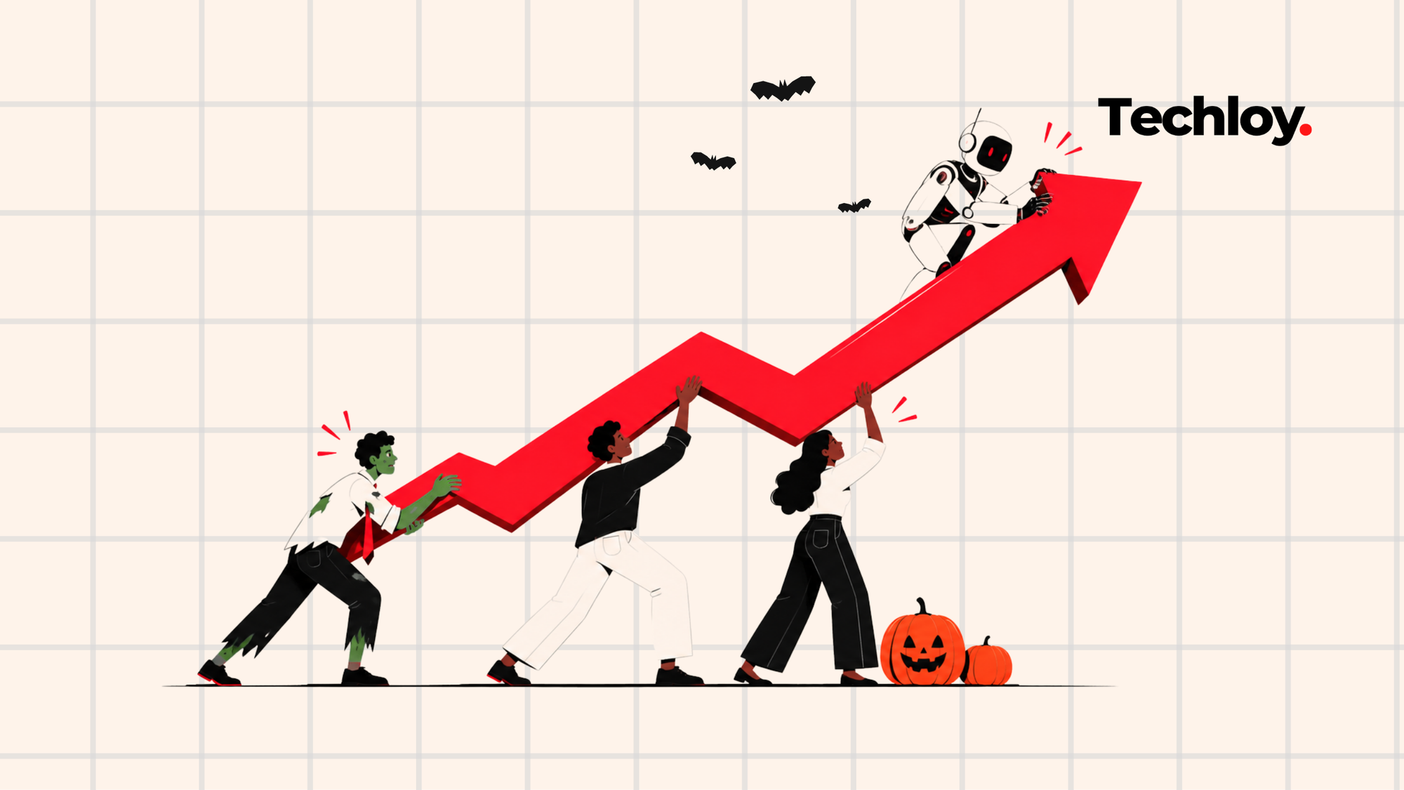 Three people, one a green-skinned zombie, push a red growth arrow upwards while a robot rides at the top, with bats overhead and jack-o’-lanterns at their feet.