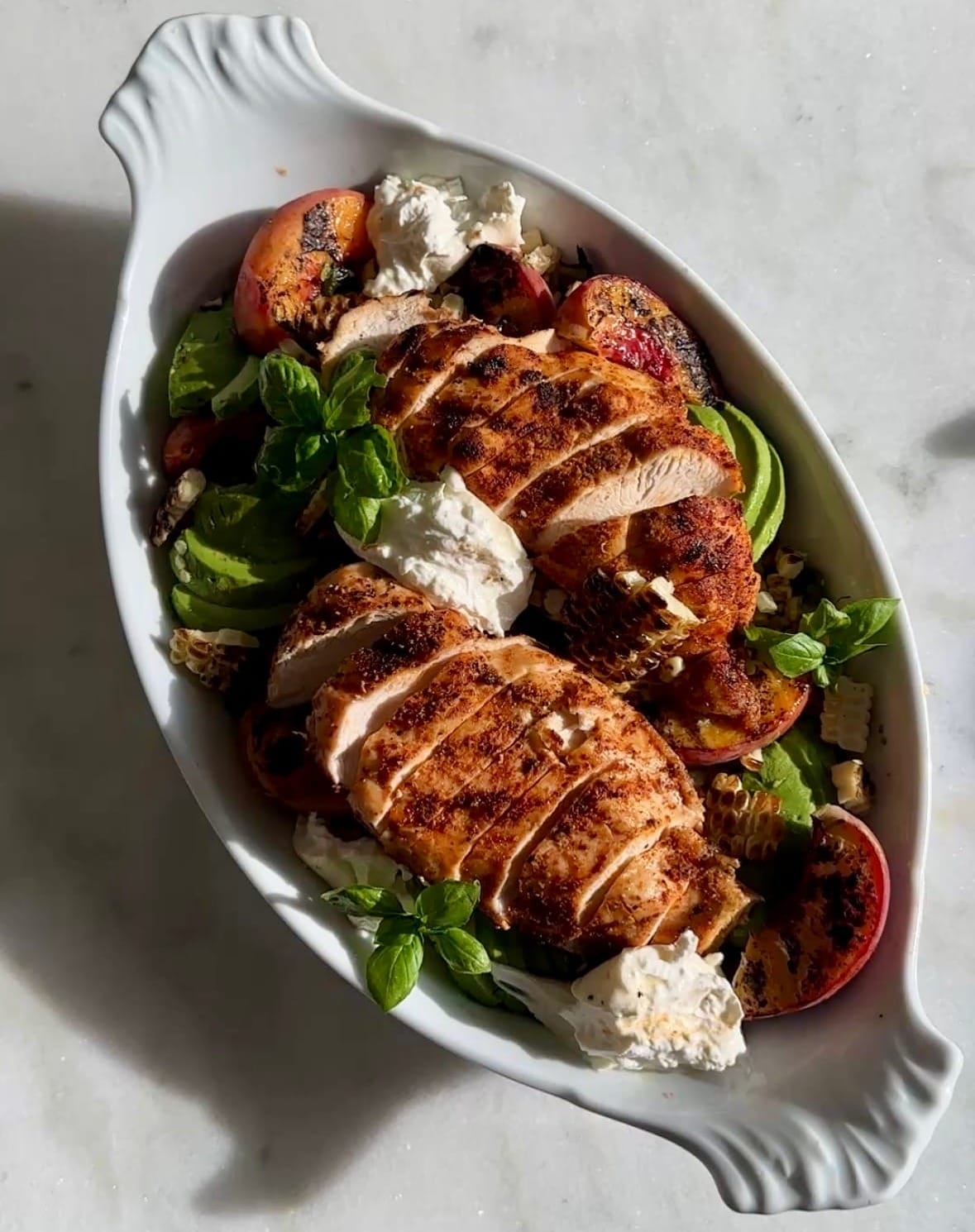 Smoky Chicken, Corn, and Peach Bowls [Grill or Sheet Pan]