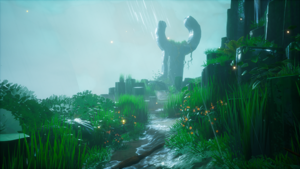 A screenshot from Call of The Sea. Rain soaked ruined path amongst ground foliage leads to unknown relic statue