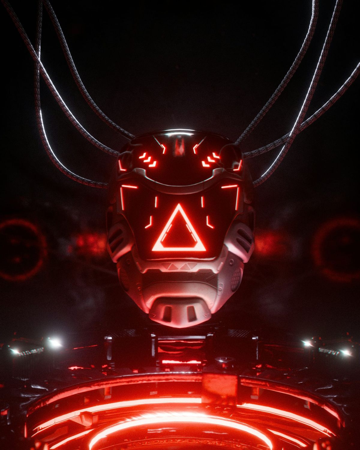 A futuristic robot head with a glowing red triangle symbol on a dark background