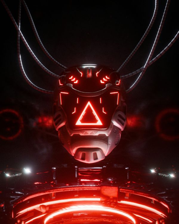 A futuristic robot head with a glowing red triangle symbol on a dark background