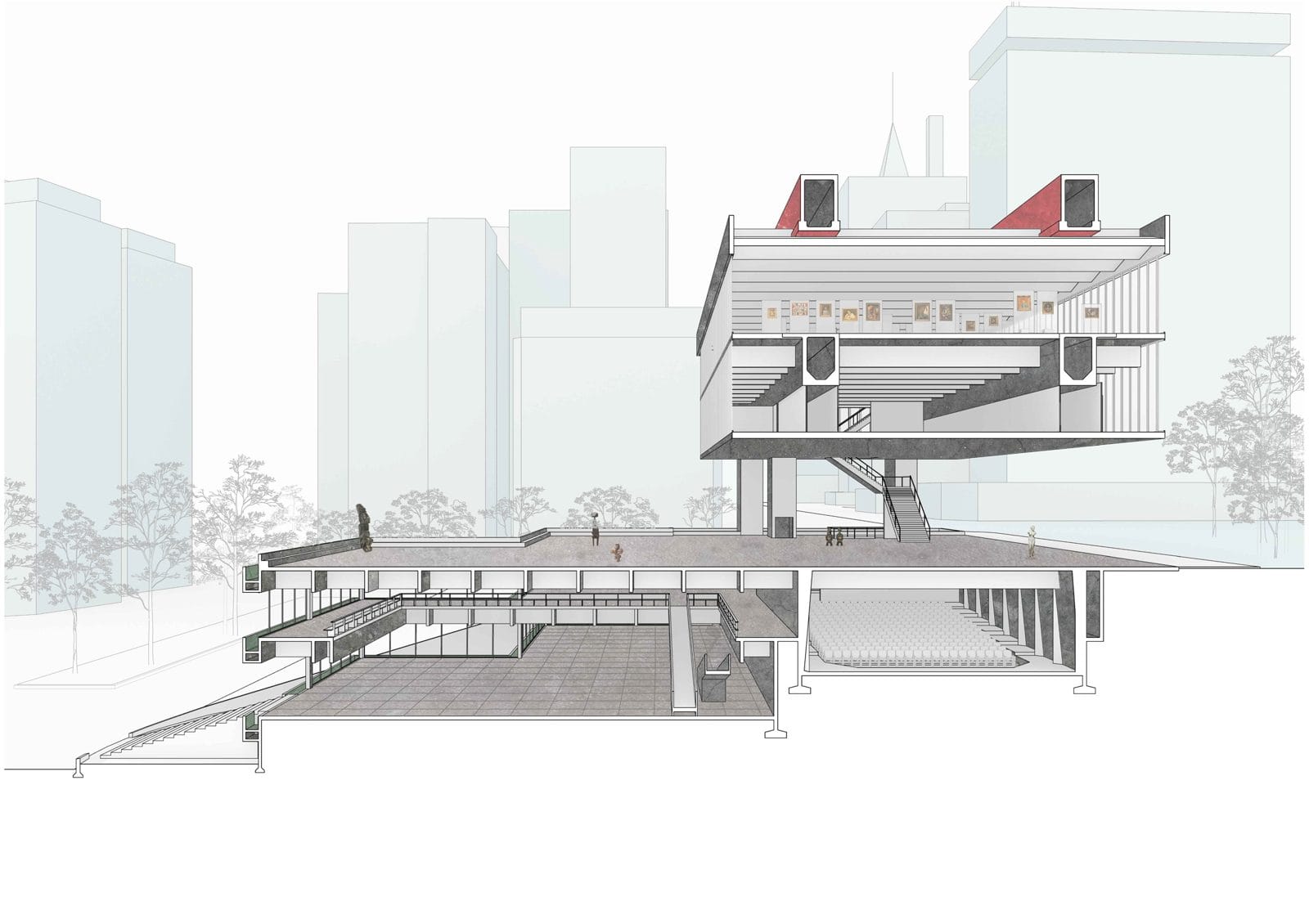 Architekturzeichnung: Längsschnitt durch das MASP. Der Ausstellungssaal mit gerahmten Werken schwebt über einem offenen Platz, darunter liegen Halle und Auditorium im Untergeschoss.