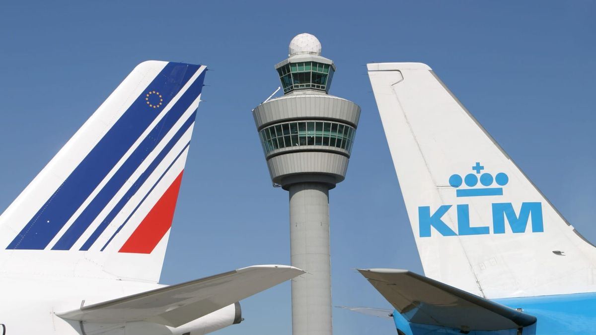 Air France and KLM aircraft tails at Amsterdam Schiphol Airport (AMS)