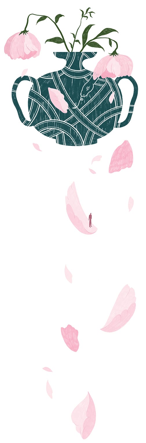 A green vase filled with flowers. Petals swirl down the image, carrying a griever with them.