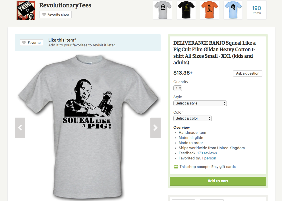 A screenshot of an ad on the site RevolutionaryTees features a "deliverance banjo" print that reads "Squeal like a PIG!"