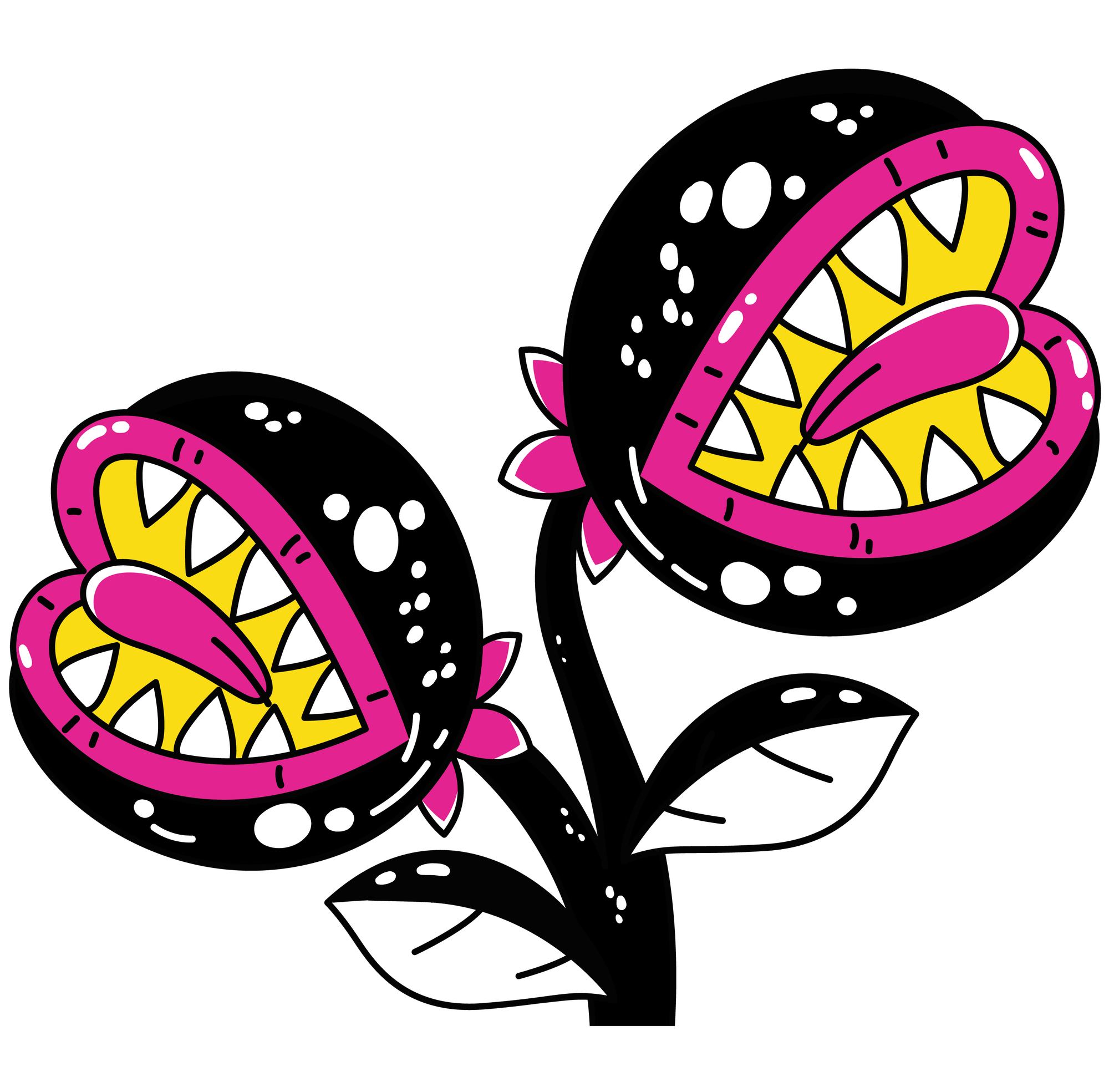 An illustration of a two-headed black venus flytrap with pink and yellow accents