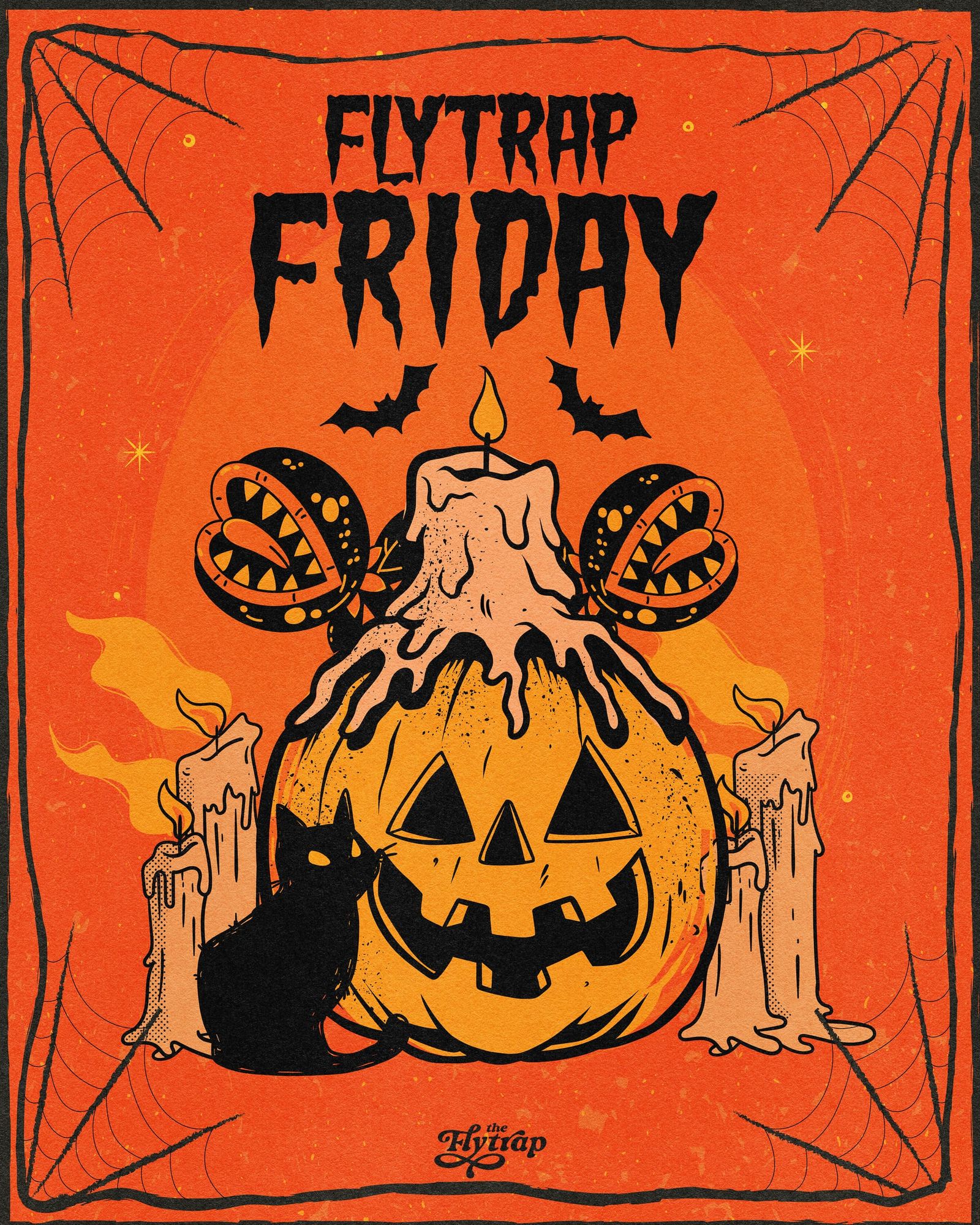 A jack-o-lantern surrounded by candles and Venus flytraps with a black cat.