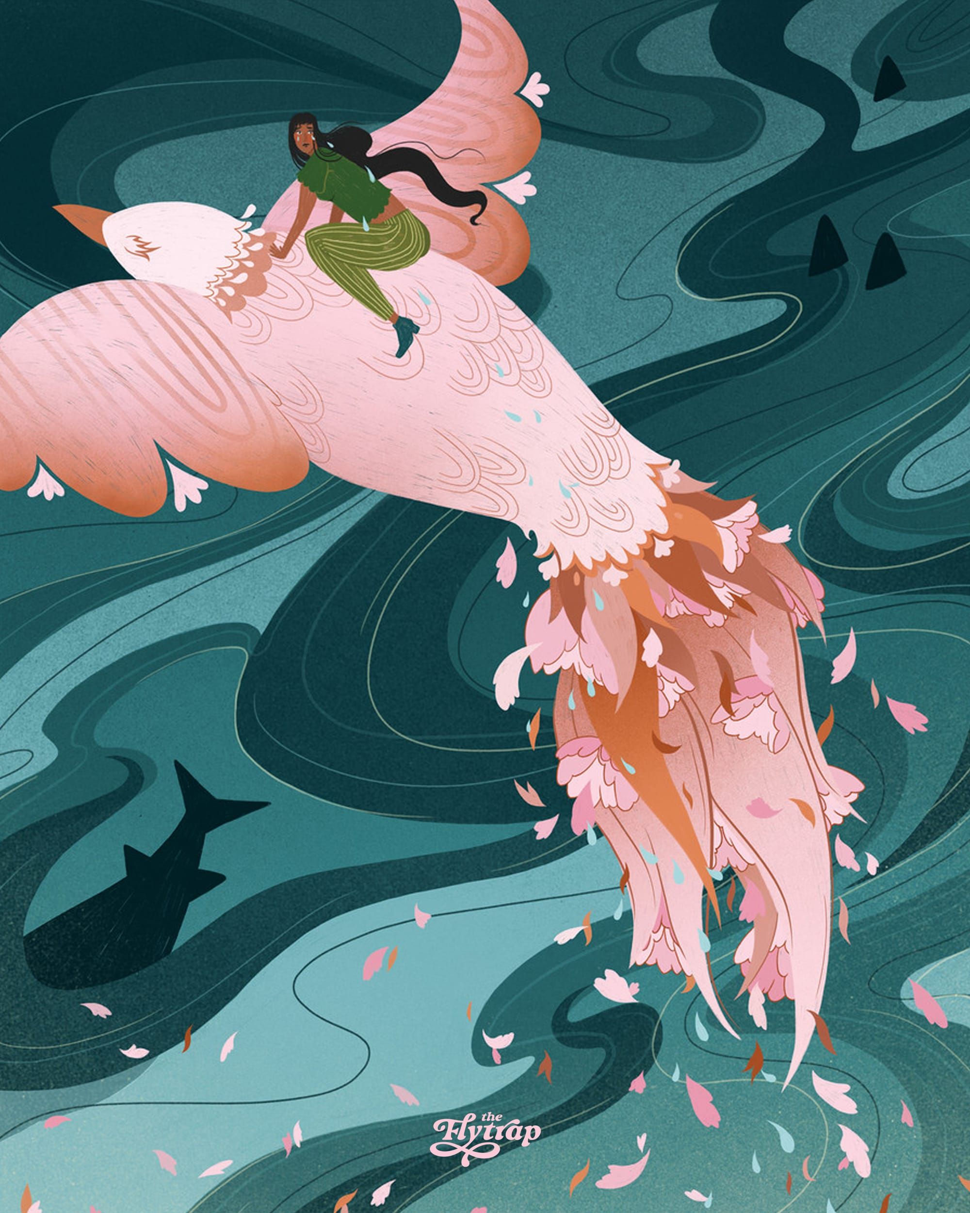 A dark-skinned person with long black hair riding a bird soaring high above the water, trailing flower petals.