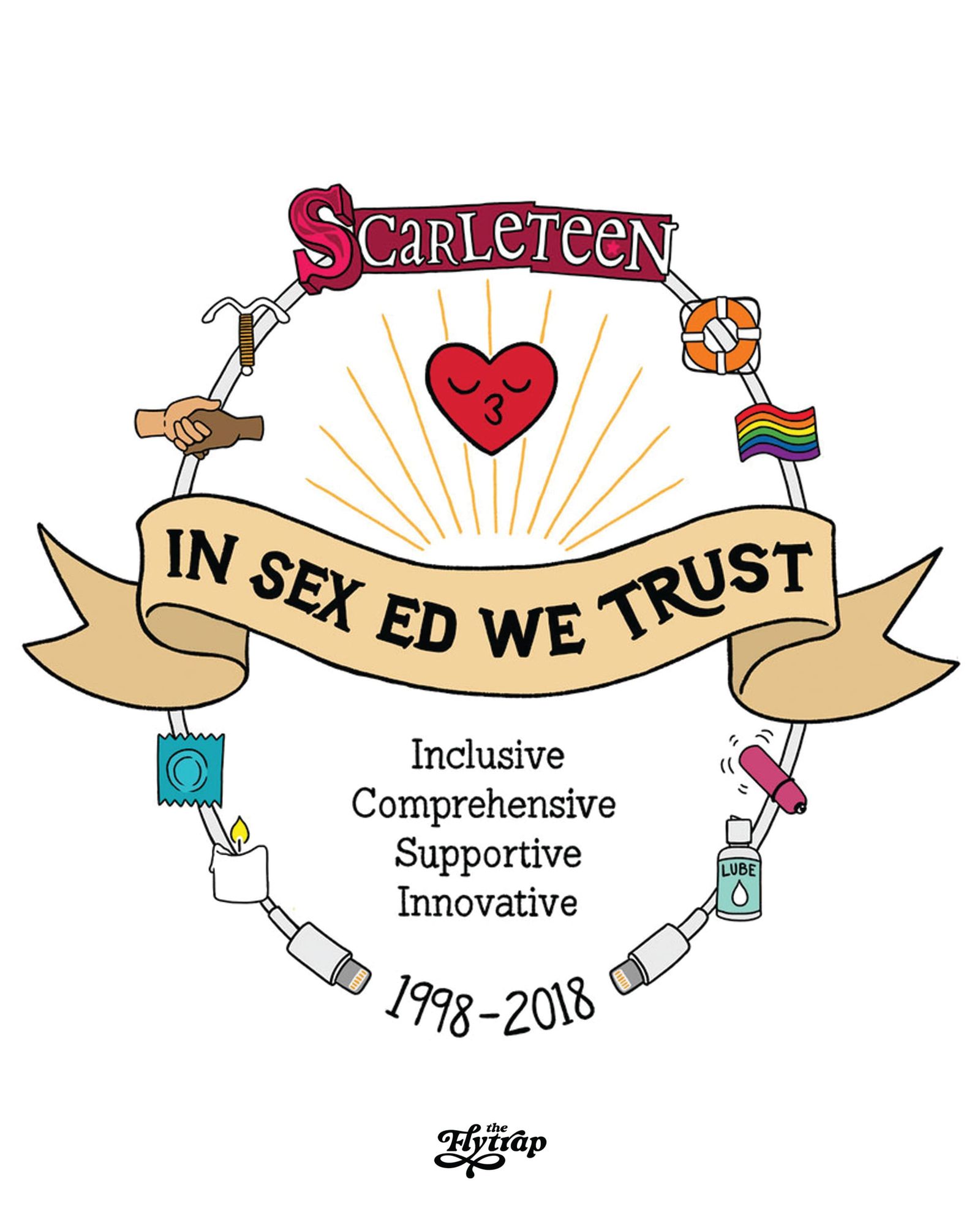 Image celebrating Scarleteen at 20 with a wreath of sex toys and safer sex supplies: In Sex Ed We Trust: Inclusive, Comprehensive, Supportive, Innovative.