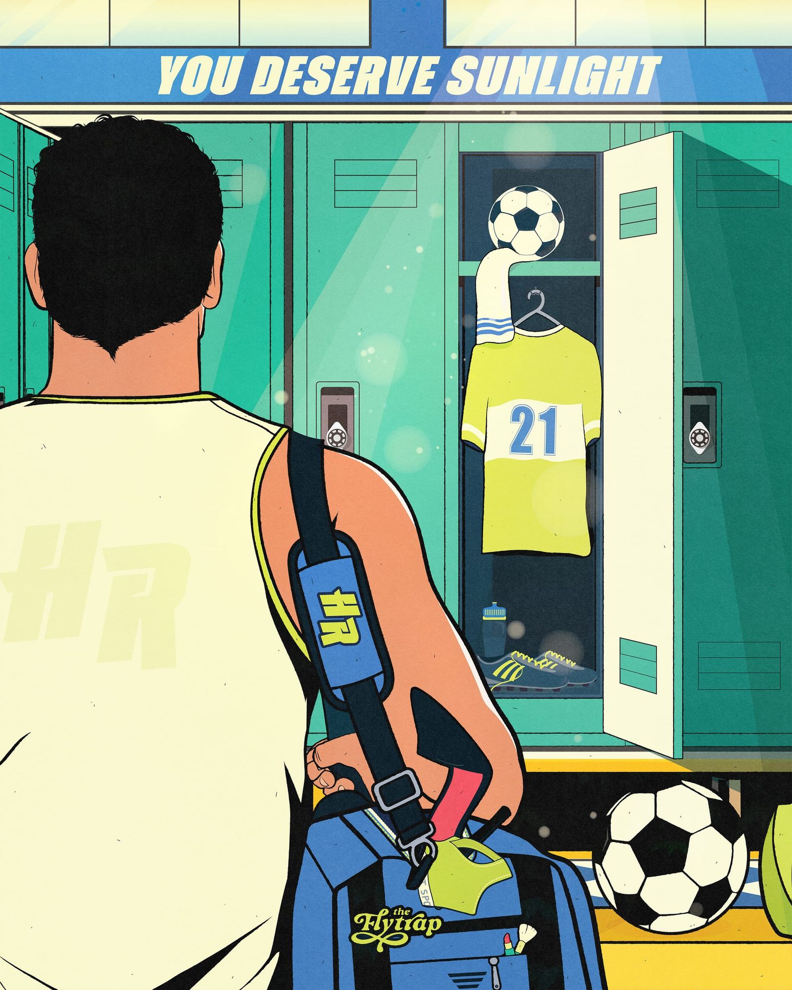 An athelete in a locker room carrying a duffle and looking into an open locker with a "21" jersy.