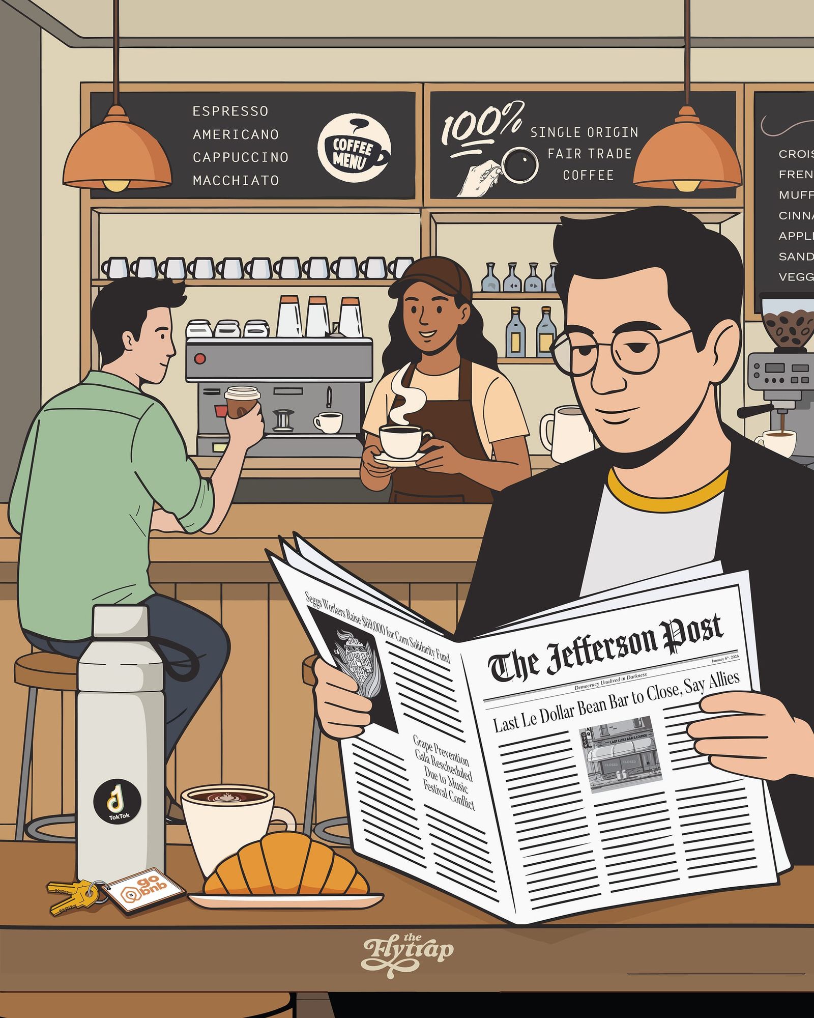 A coffeeshop scene including a newspaper with the headline "Last Le Dollar Bean Bar to Close, Say Allies" along the usual coffeehouse accoutrements.