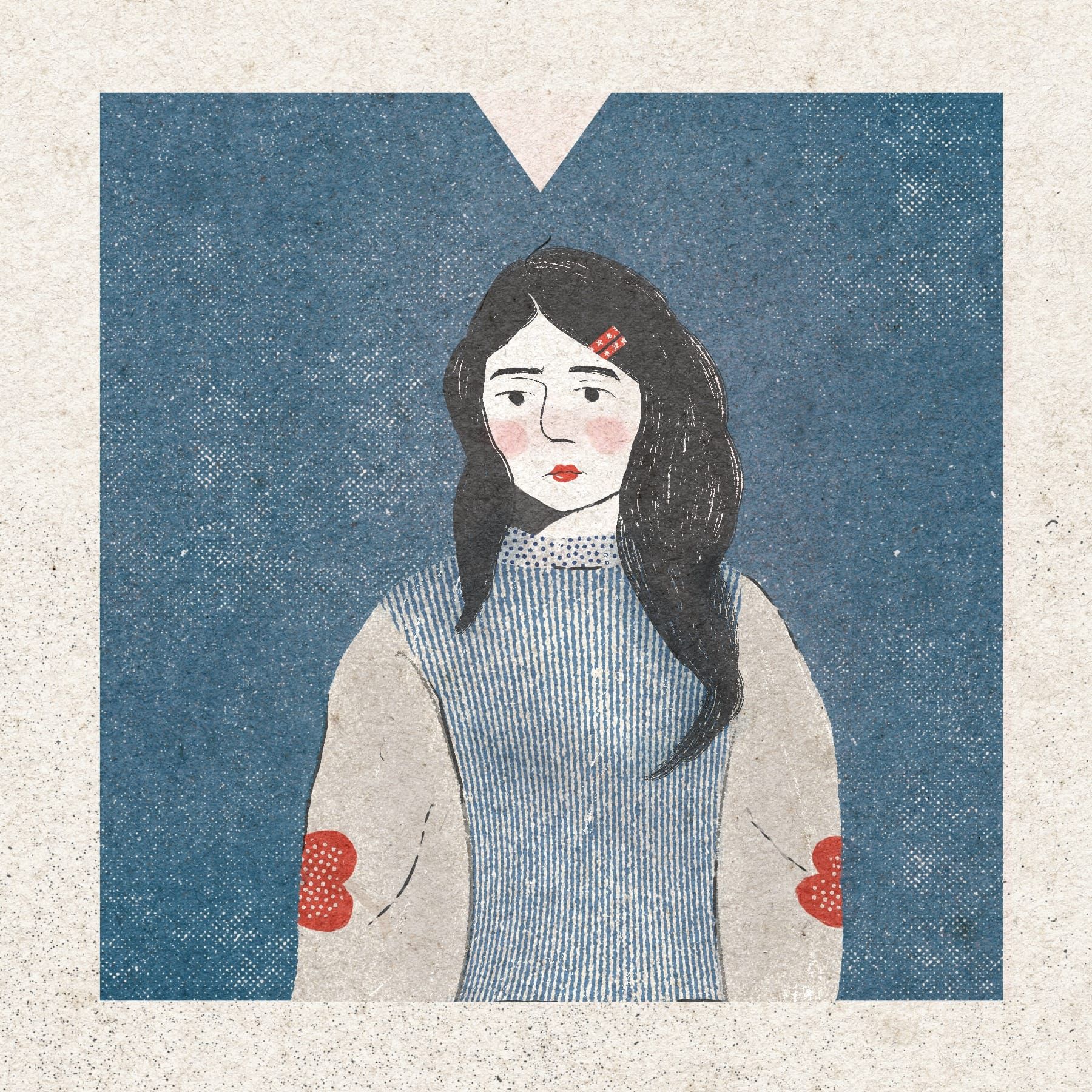 Melissa's illustrated self-portrait: A pale-skinned person with rouged cheeks and long black hair. She's wearing a white and blue sweater with heart patches on the elbows.