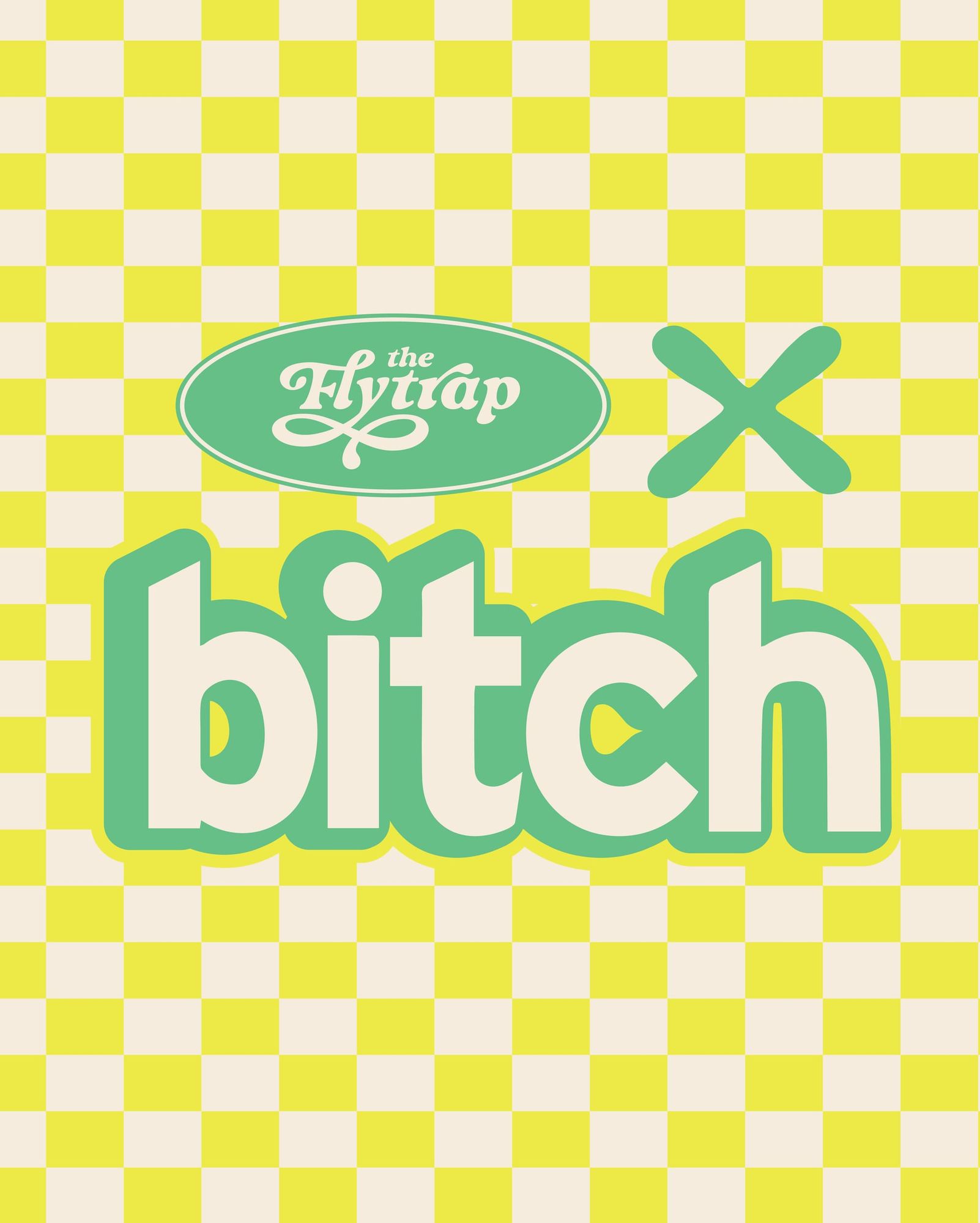 A banner reading FlytrapxBich in sage lettering on a yellow and white checkered background. 