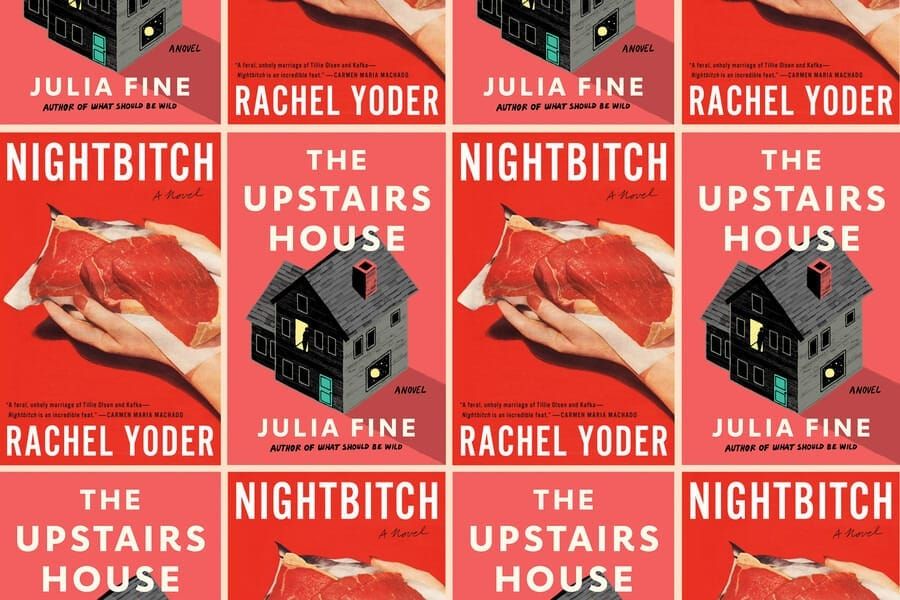 The covers of Nightbitch and The Upstairs House. Nightbitch features a photograph of cut meat, The Upstairs House has an illustration of a two-story gray house.