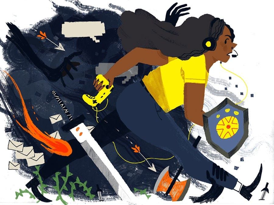 An illustration of a dark-skinned person with long dark hair carrying a shield and a gaming controller, pursued by hate mail, weapons, and grasping hands.