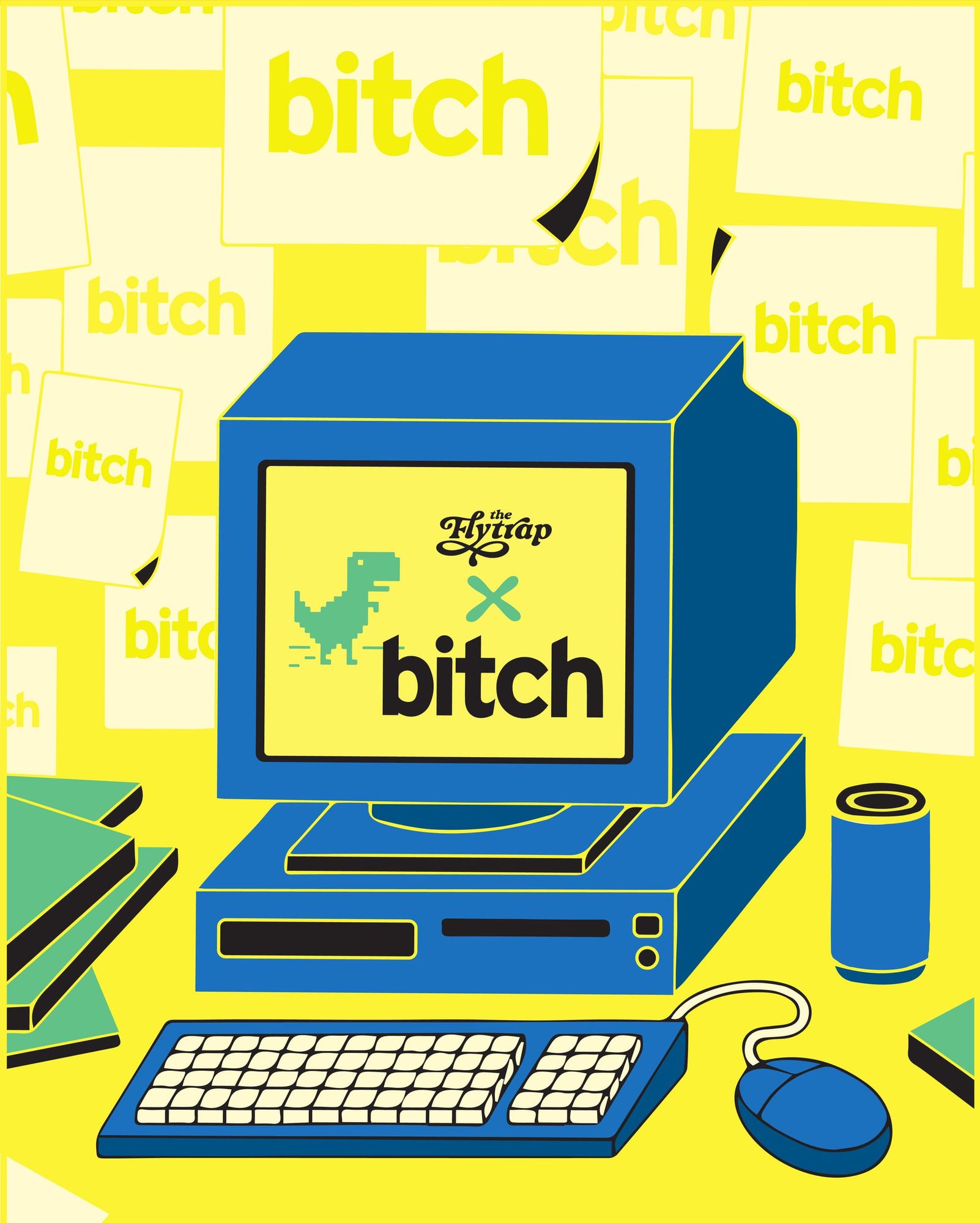 An illustration of a blue old-school computer on a yellow desk. The computer screen shows a blue pixelated t-rex and "The Flytrap x bitch" featuring both publications' logos