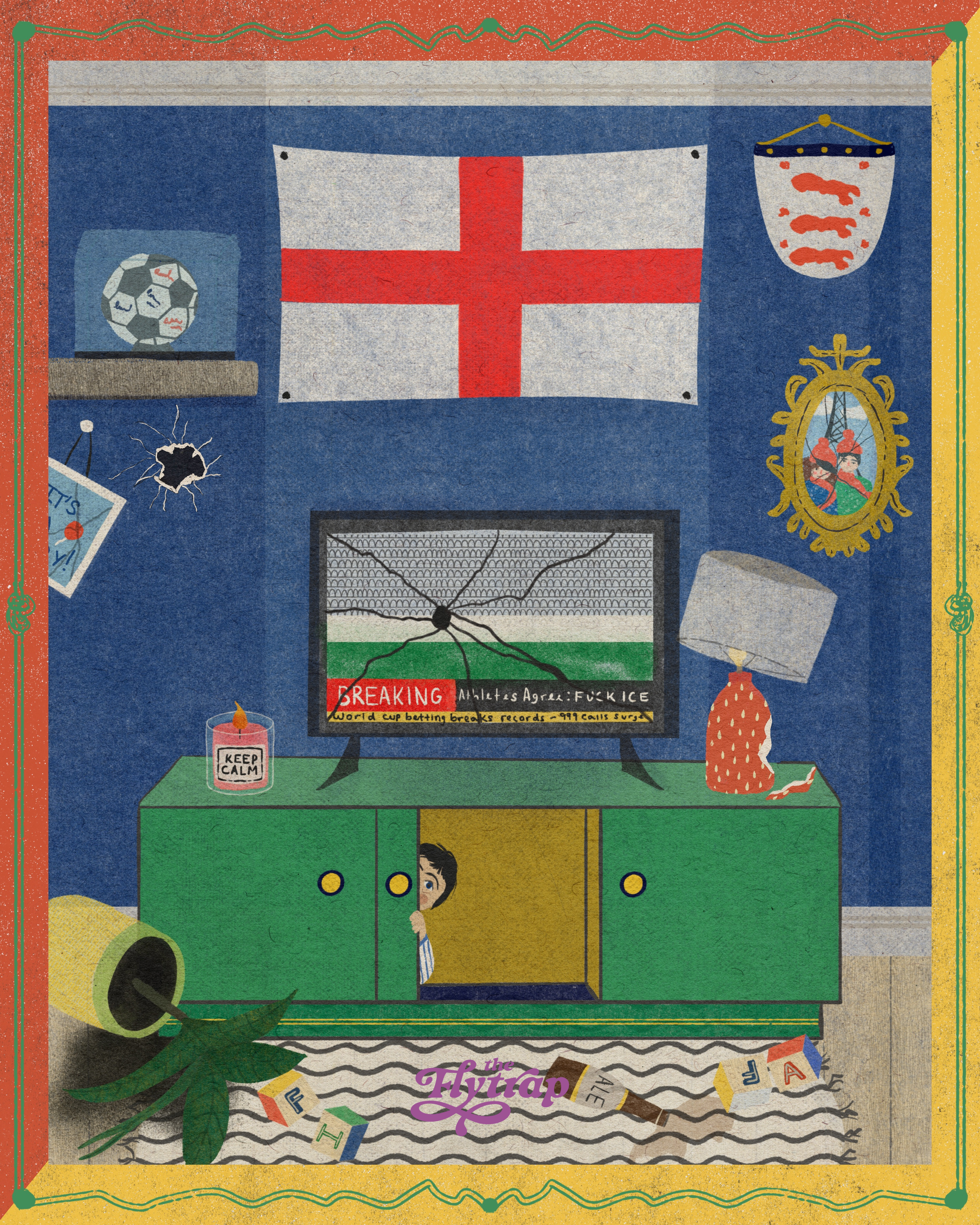 An illustration of a broken television in a trashed living room, with soccer gear on the walls. Someone is hiding inside the tv cabinet.