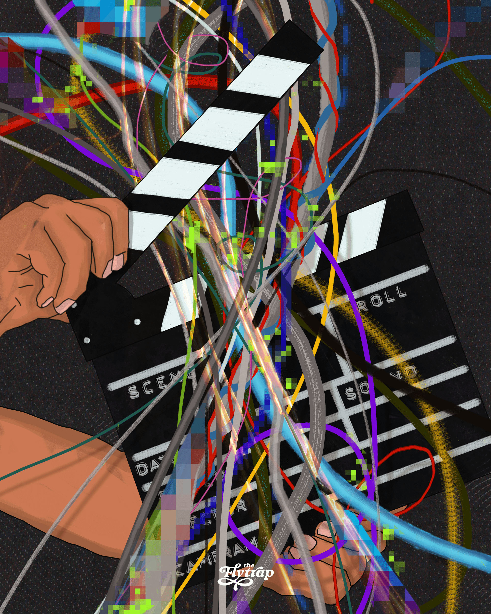 A digital image of arms holding up a film slate obscured by a tangle of wires. 
