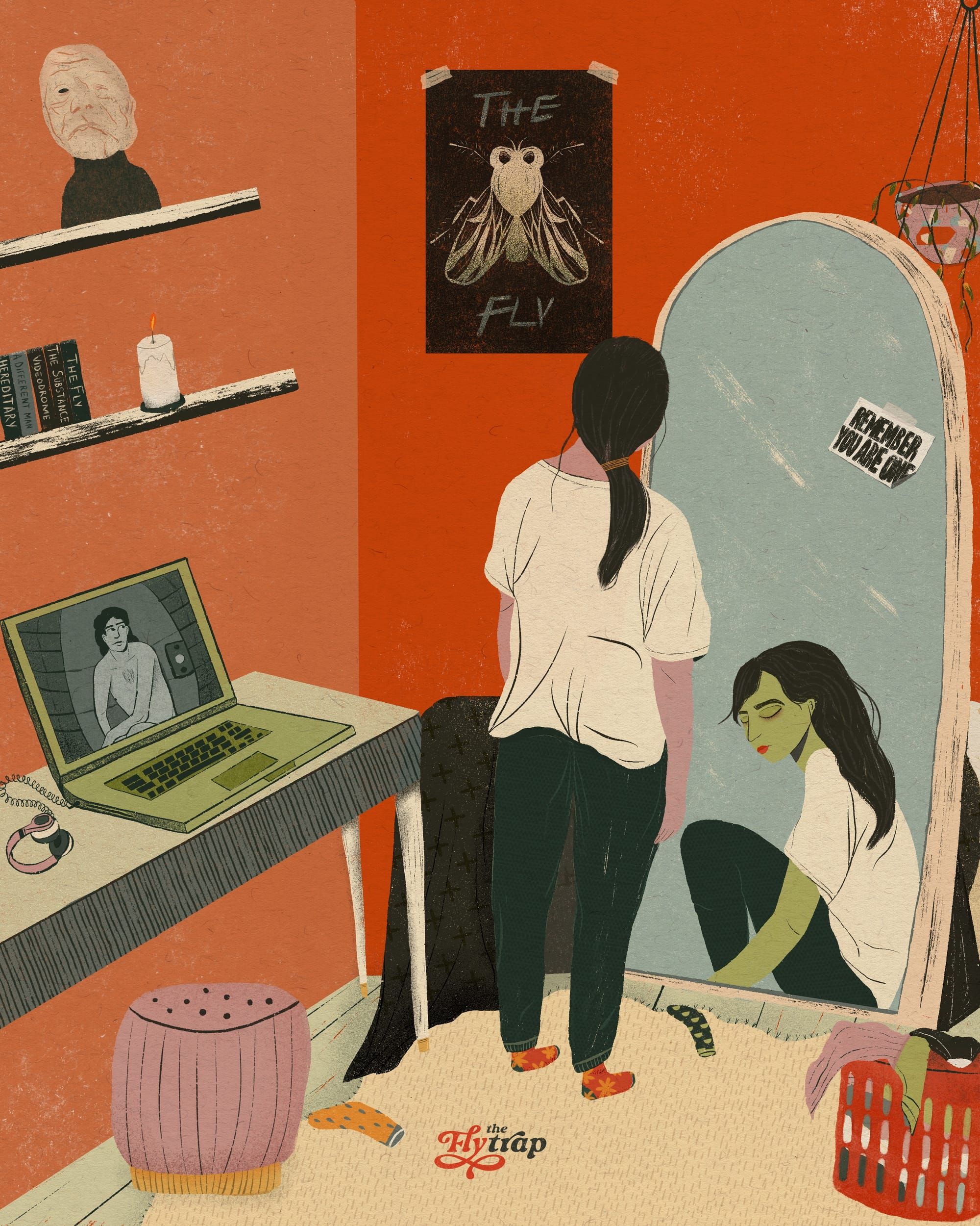 An illustration of the author standing in front of a mirror appearing healthy while their reflection shows them crouched down, feeling weak, with a green pallor.An illustration of the author 