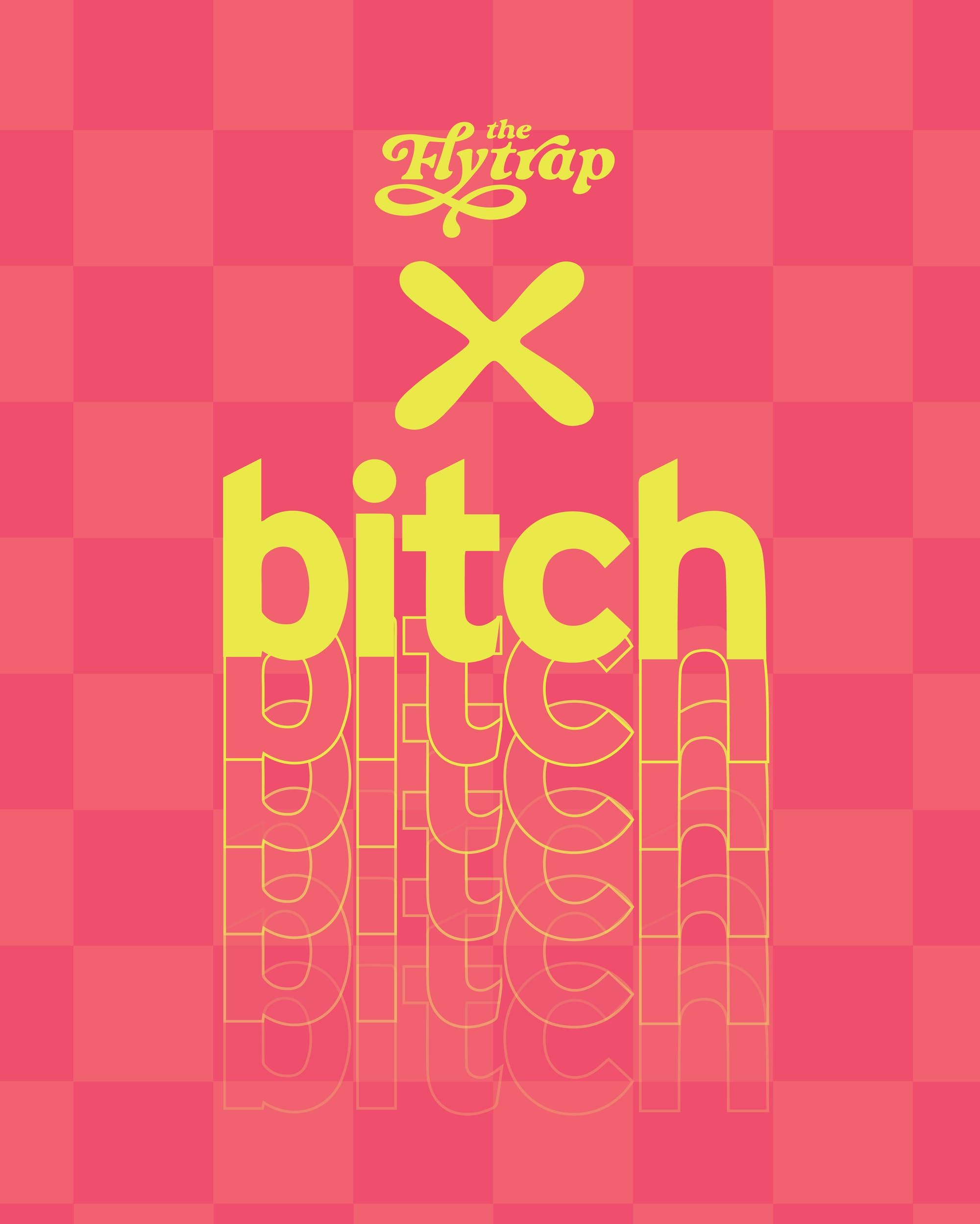 Yellow Flytrap x Bitch text against a pink checkered background.