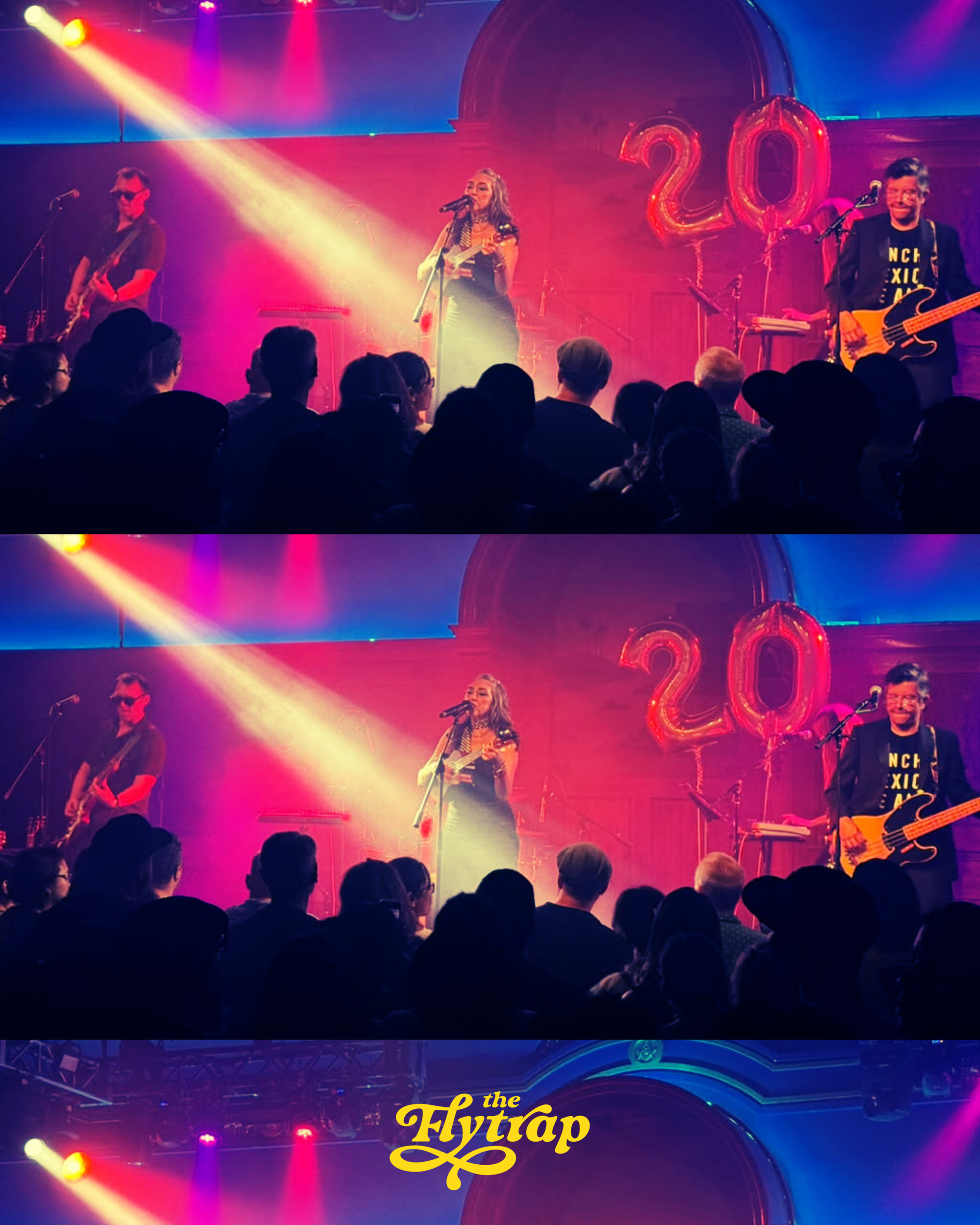 A photo from Los Abandon's 2026 show in Los Angeles. The stage is lit with pink, blue, and yellow.
