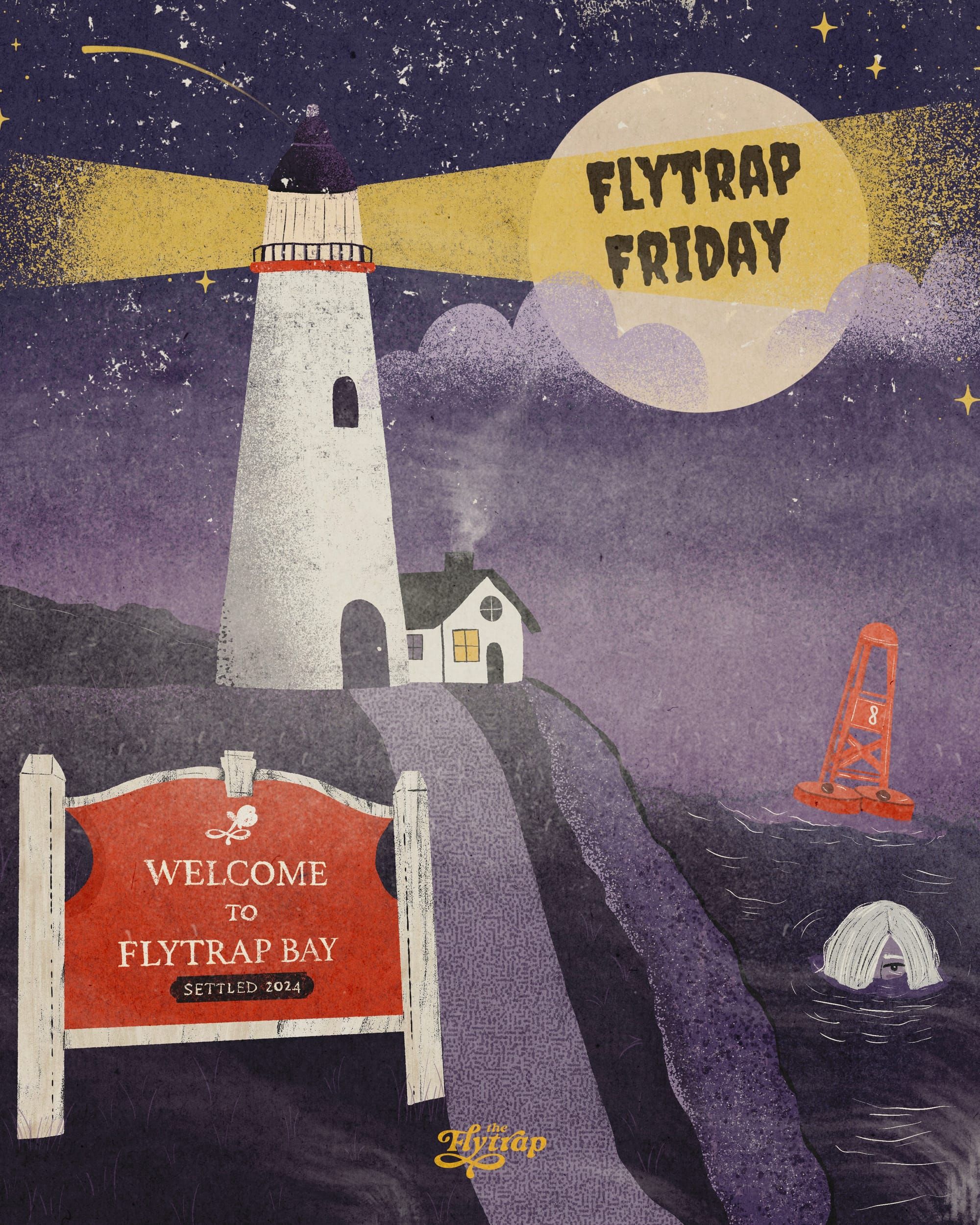 An illustration of a lighthouse on a hill, engulfed in fog. In the foreground is a sign that reads "Welcome to Flyrap Bay. Settled 2024". The illustration is a nod to Widow's Bay.