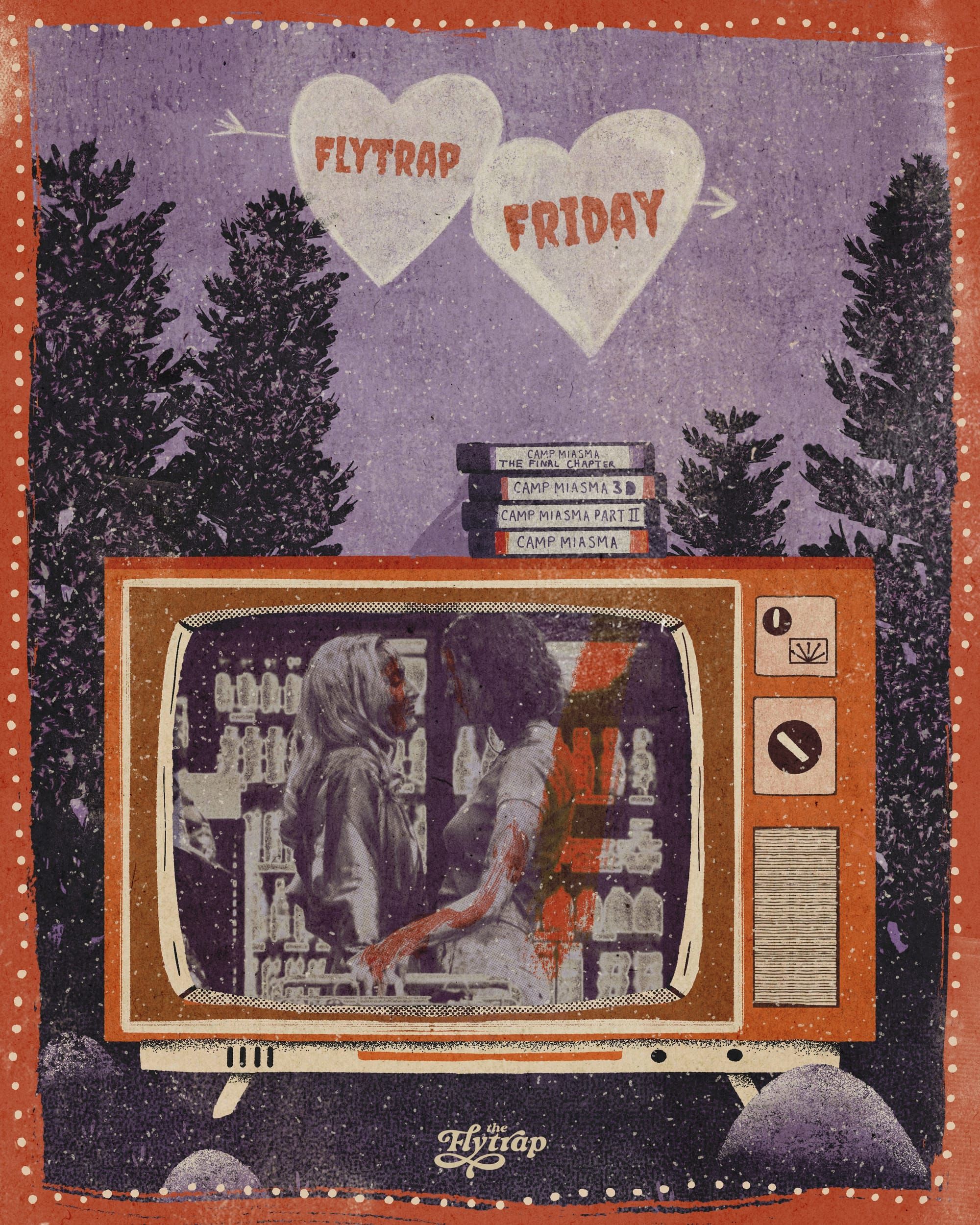 Illustration of a screenshot from "Teenage Sex and Death at Camp Miasma" on a vintage TV with Camp Miasma movies stacked on top, in front of a forestry background with falling snow all around