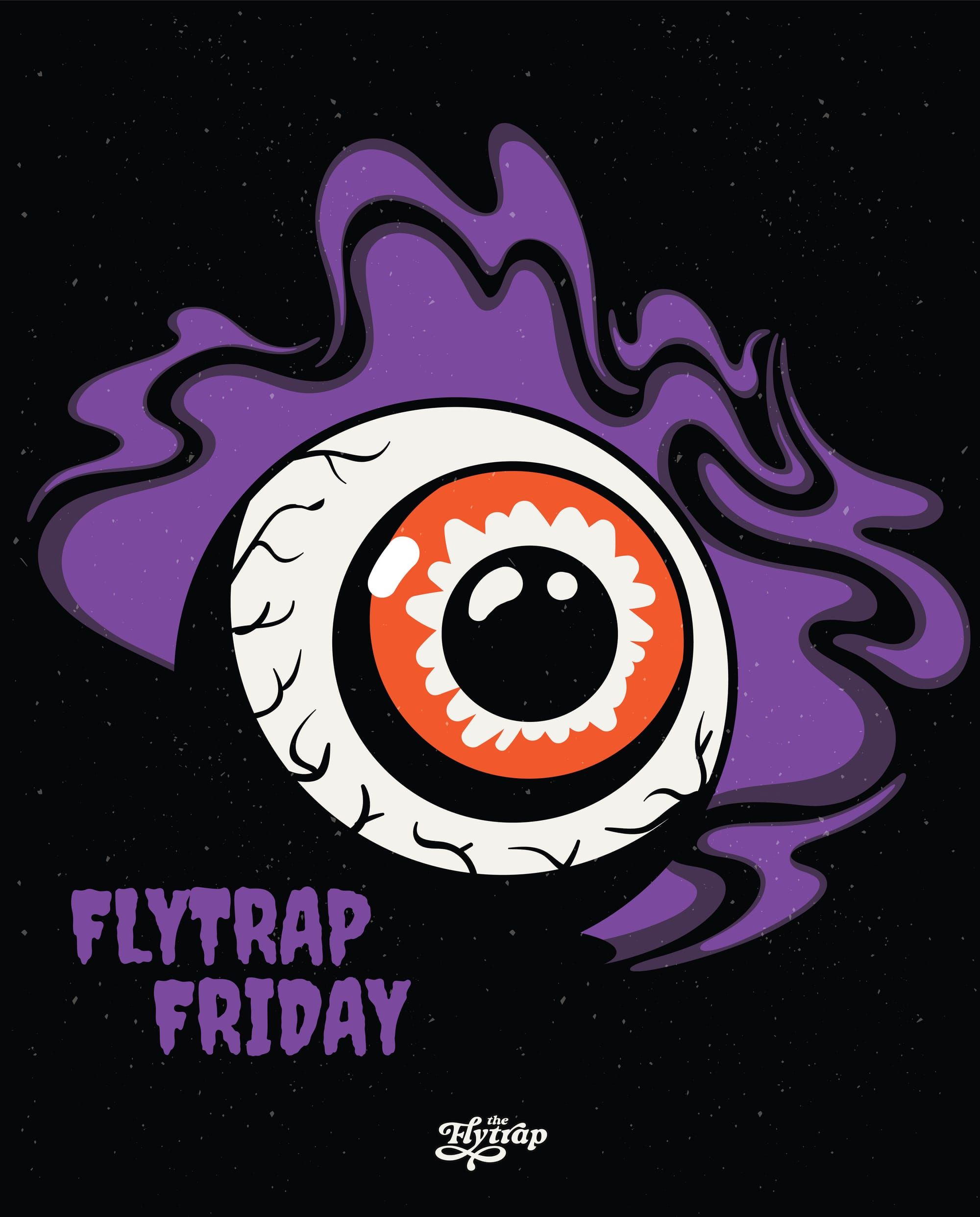An illustration of a single creepy eye floating in a starry sky, with the words "Flytrap Friday" on the left lower corner.