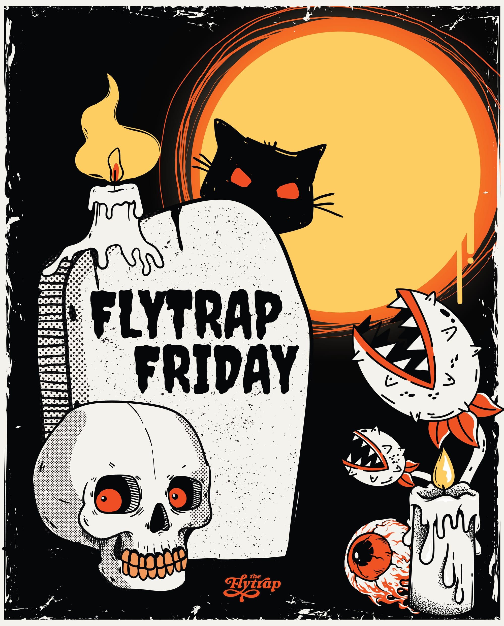 A Halloween-themed illustration featuring orange-eyed skulls and orange-leafed flytrap plants, with a black kitty peeking out from behind a gravestone reading 'Flytrap Friday'.