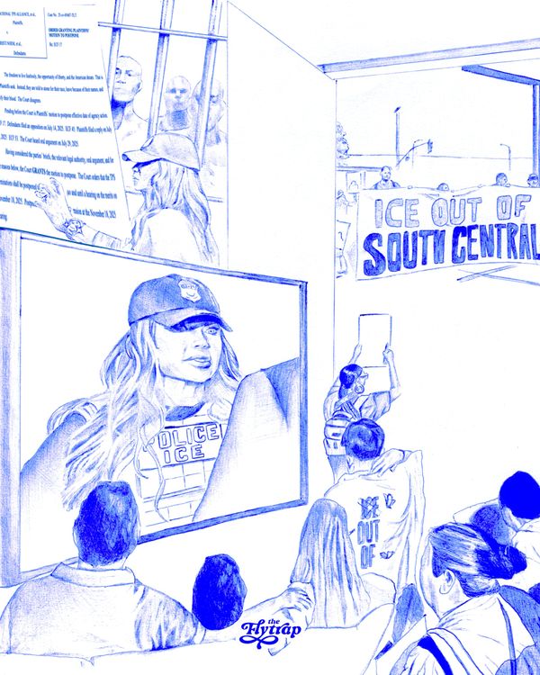 A blue pen and ink drawing of Kristi Noem on TV looming over a room of people who are not thrilled about it. An Ice Out of South Central banner is in the background. 
