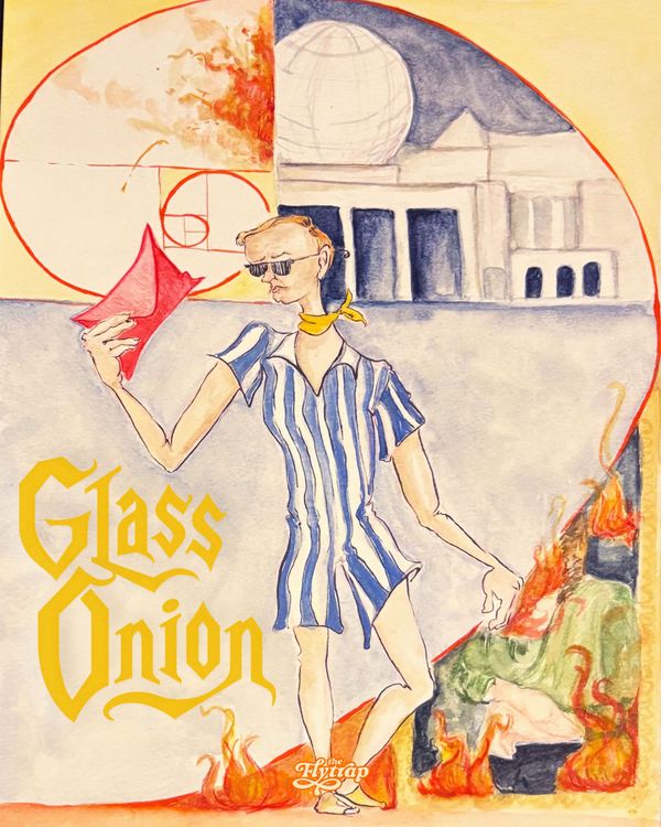 Illustration in vintage poster style: A person in a blue-and-white striped romper, holding a red envelope, with the words 'Glass Onion.'