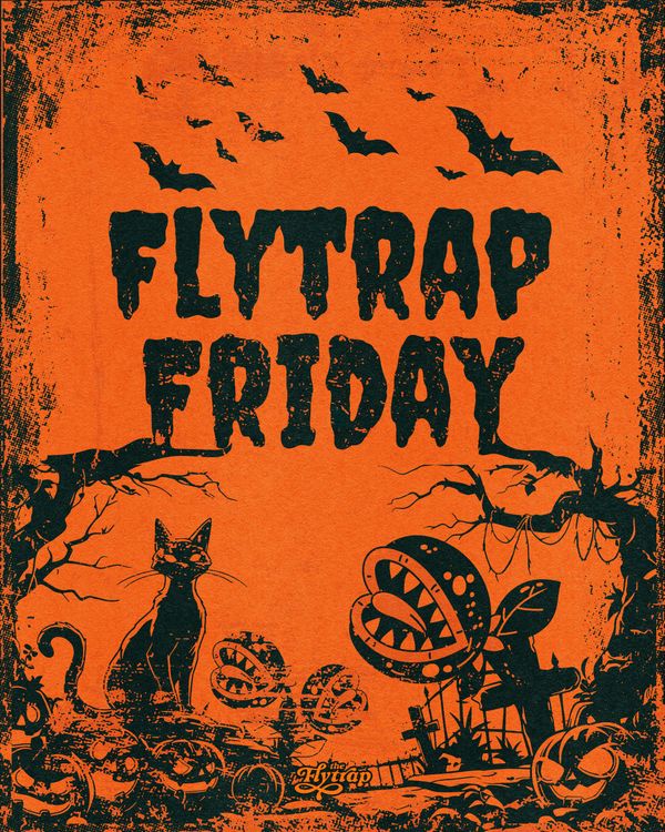 Orange and black image with a black cat and several Venus flytraps in a graveyard, labeled Flytrap Friday.