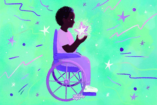 Illustration in hues of purple and green: A Black girl with natural hair sitting in a wheelchair, holding up a sparkling star.