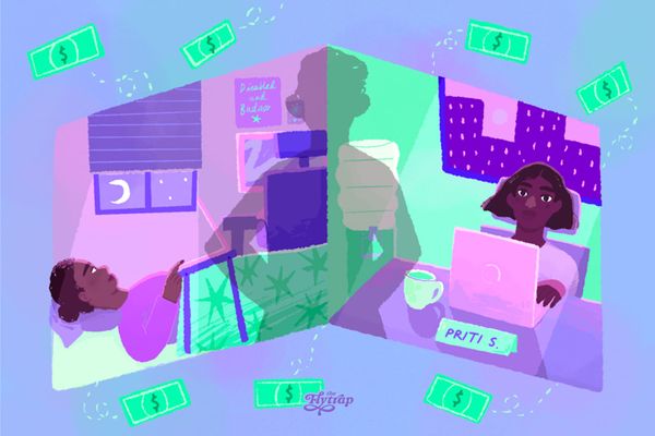 Diptych illustration: A dark-skinned disabled person working on a laptop in bed, and another working at a desk. Dollar bills float around them.