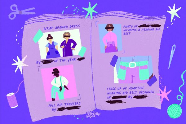 Illustration of a magazine featuring images of adaptive fashion. The names of the people who designed the clothes have been scratched out.