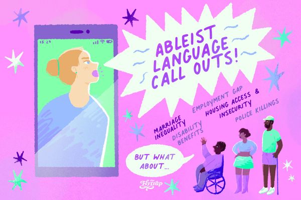 Disabled people saying "but what about..." and listing social issues such as marriage inequality and police killings while a blonde white woman screams at them from inside a phone.