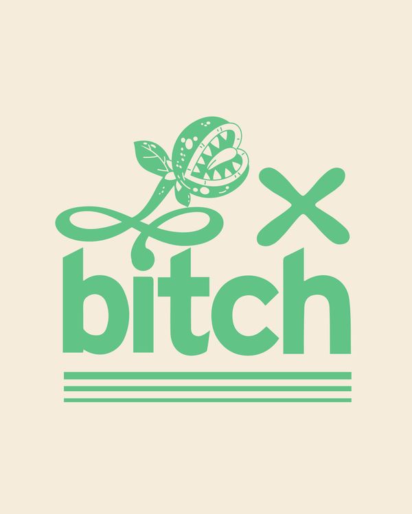 A Flytrap x Bitch graphic in cream and teal.